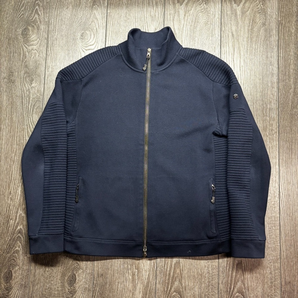 RLX Ralph Lauren Sweater Large Merino Wool Full Zip Moto Shoulders Blue